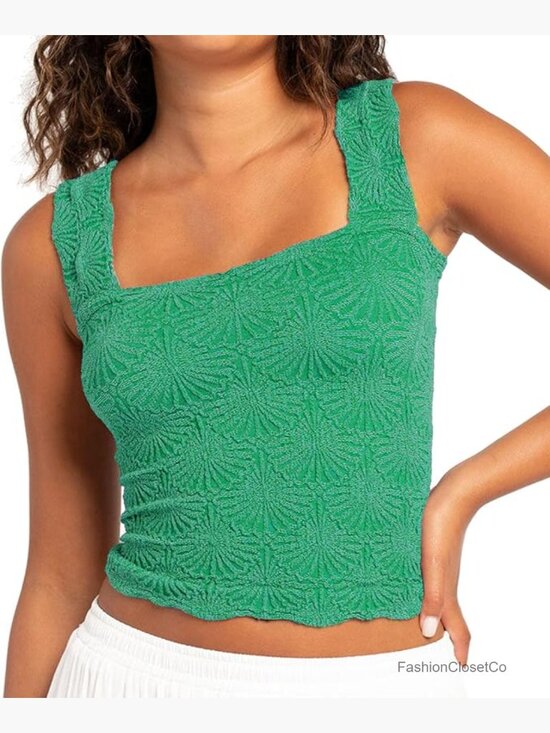 Tops - Square Neck Wide Strap Crop Tank Top Lettuce Trim Cami Going Out Top